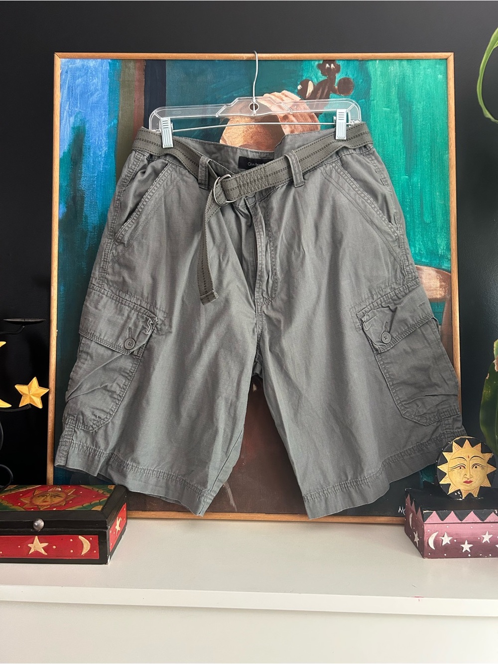 Calvin Klein Jeans Cargo Shorts 36 Grey Y2K Utility Belted Cotton CK